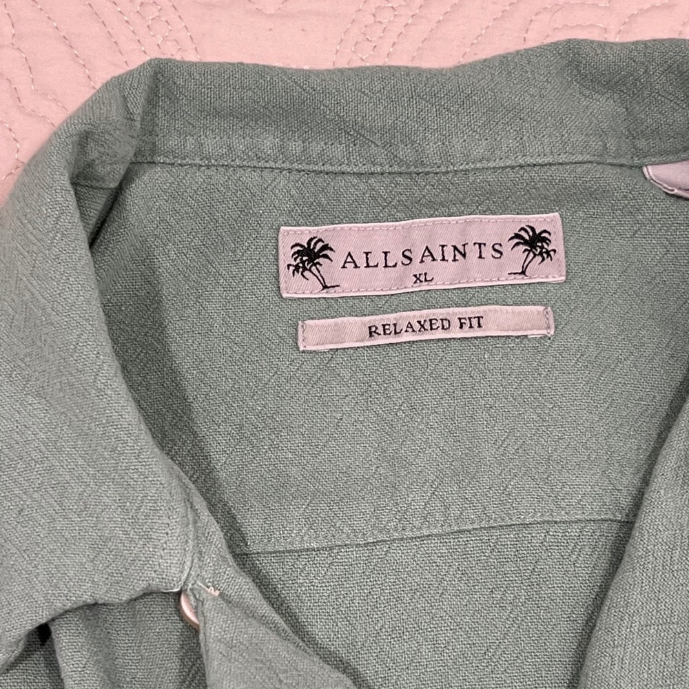 AllSaints Relaxed Fit Cudi Camp Collar Shirt Sage Green Mens XL Linen Blend - Picture 5 of 9